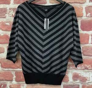 Joan Vass Sweater Womens Black Silver Metallic Striped Pullover Compared to $68